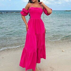 Pink Boho Women's Off-Shoulder Halter Belted Dress